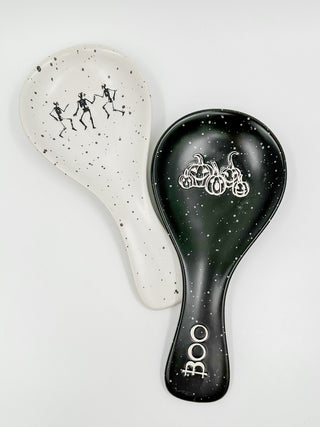 Ceramic spoon rest set: black and white styles, speckled with spooky lettering