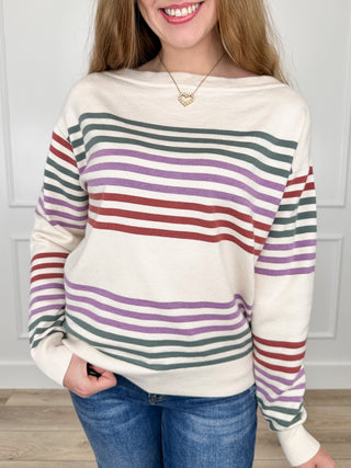 Ivory knit long-sleeve sweater with multicolor horizontal stripe panel front