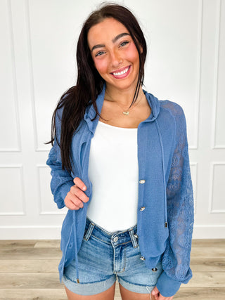 White Birch Feeling the Blues Knit Long Sleeve Blue Button Up Hooded Cardigan