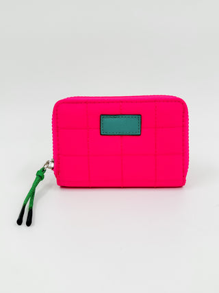 Electric Soul wallet in hot pink with dark green tab, quilted finish, zip closure