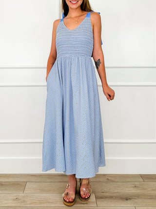 Blue striped A-line sleeveless dress with ruffled bodice and scoop neckline