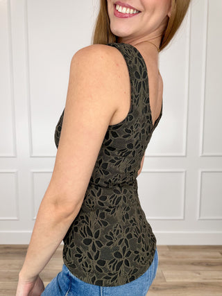 Green floral lace sleeveless tank top, side view