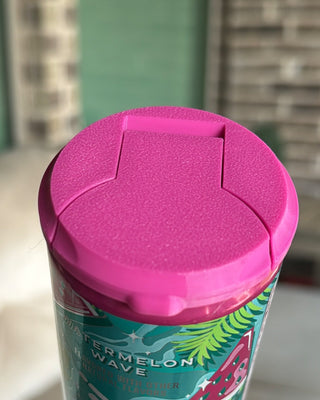 Fuchsia can lid with textured round top and side grips