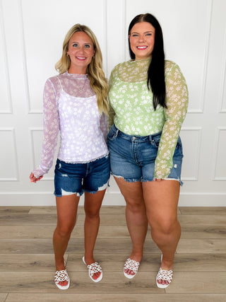 Sheer mesh floral long-sleeve tops: lavender and green with white flower print