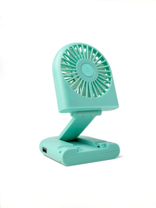 Mint teal power bank fan with fold-out stand and side USB port.