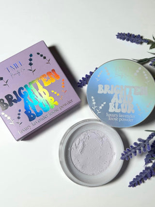 Lavender loose setting powder in round jar with sifter lid and boxed packaging