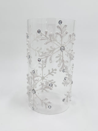 Clear glass candle cover with raised snowflake and rhinestone embellishments