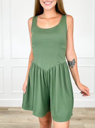 Cotton romper, olive green, sleeveless scoop neck with gathered waist and short legs
