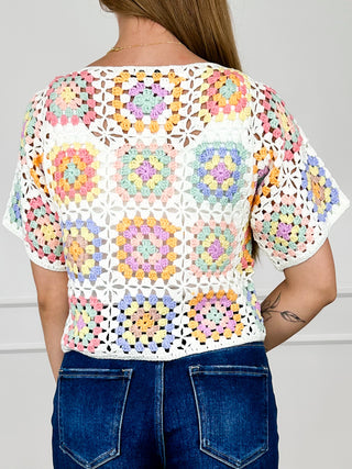 Multi-color crochet short sleeve sweater top, openwork granny-square back yoke