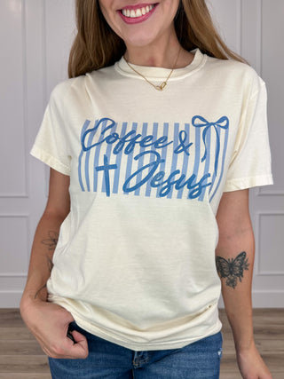 Coffee & Jesus Cotton Short Sleeve Cream Avery Mae Graphic Tee Shirt (Comfort Colors)