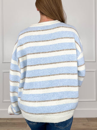 Blue and cream striped knit long sleeve crewneck sweater, back view