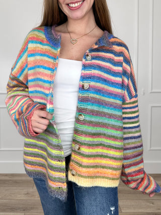 Multicolor striped knit cardigan, long sleeves, button-front, V-neck