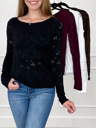 Black textured knit long sleeve top, scoop neck