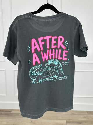 Kids grey cotton short-sleeve tee, back 'AFTER A WHILE' gator graphic
