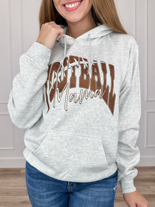Grey long-sleeve hoodie with "Football Mama" graphic front and kangaroo pocket