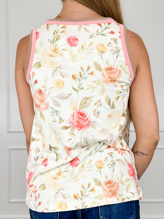 Cotton-blend cream floral tank top with pink-trim rounded back neckline and armholes