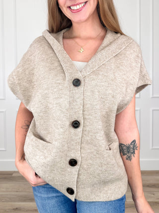 Uptown Girl Knit Short Sleeve Taupe Avery Mae Hooded Button Up Sweater Top