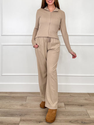 Oat high-rise lounge set with zip hoodie and drawstring wide-leg jogger pants