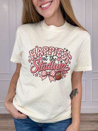 Cream cotton short-sleeve graphic tee with red stadium lettering and stars