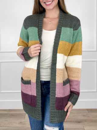 Multi-color striped knit long-sleeve cardigan, open front