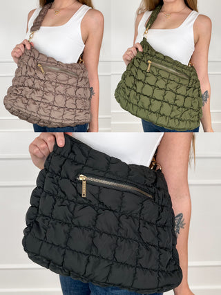 Latte brown puffer handbag with front zip pocket and gold-tone straps
