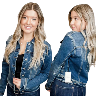 Judy Blue Juliette Distressed Cotton Blend Long Sleeve Dark Wash Denim Jacket