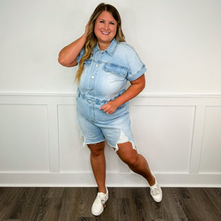 Dreams You See Cotton Blend Short Sleeve Denim Avery Mae Romper