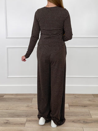 Brown striped knit set with button-back top and high-rise wide-leg pants