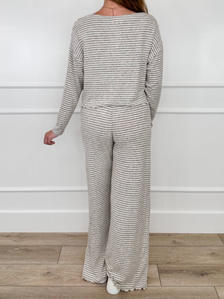 Grey striped knit lounge set, back view with crew top and high-rise wide-leg pants