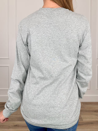 Grey long-sleeve graphic tee with plain back and rounded crew neckline