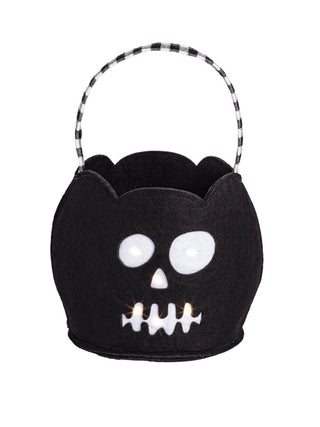 Black LED treat bucket with skull face and glowing white teeth and eyes
