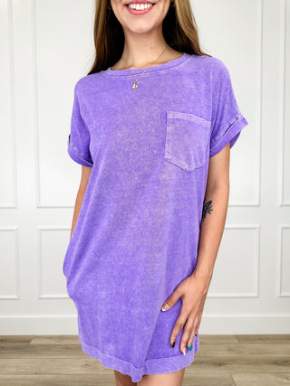 Purple cotton T-shirt dress with short sleeves and front patch pocket