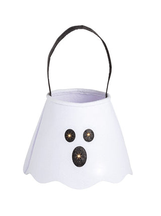 White LED treat bucket with ghost face cutouts and glowing eyes