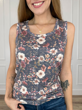 Floral sleeveless tank top in navy with pink and cream flowers, scoop neck