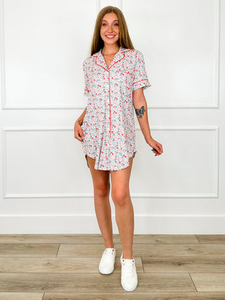White floral button-up sleep dress with short sleeves and front button closure