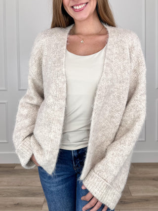 Oatmeal knit long-sleeve cardigan with ribbed cuffs and open front