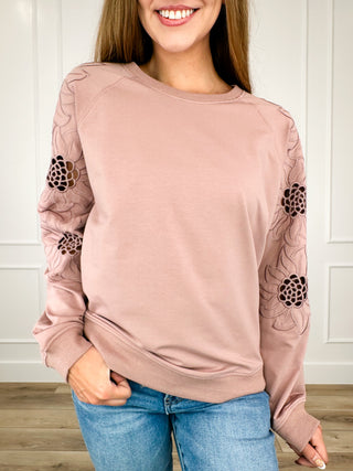Long-sleeve cotton blend top, dusty pink with lace floral sleeve details