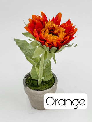 Potted sunflower decor with orange and red blooms in a single gray mini planter