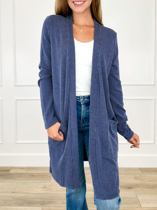 Ribbed long sleeve cardigan in blue, open front with long sleeves and pockets