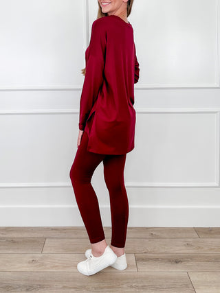 High-rise cropped leggings set in wine red, tunic top with long sleeves and fitted leggings