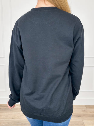 Black long-sleeve crewneck sweatshirt, plain back view with ribbed hem