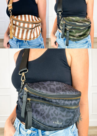 Neoprene crossbody bag with dark leopard print front pocket and gold zipper