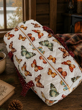 Quilted ivory duffle bag with butterfly print, zip top and burgundy polka-dot trim