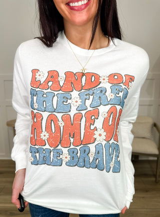 Land of the Free Cotton Long Sleeve White Avery Mae Graphic Tee Shirt (Gildan)