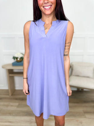 Dear Scarlett lightweight Gabby dress in light purple, sleeveless V-neck, swingy above-knee hem.