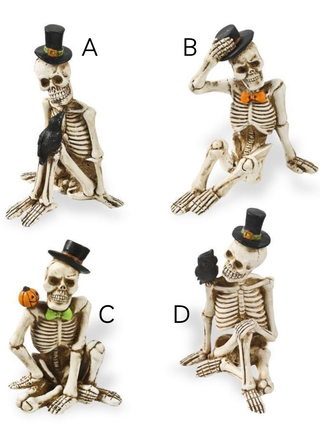 Skeleton resin decor figures for options A–D, shown with hats and themed props