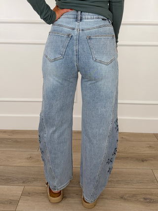 Saige Lilah Tummy Control Barrel Leg Jeans (Rigid, Embroidered, Non-Distressed)