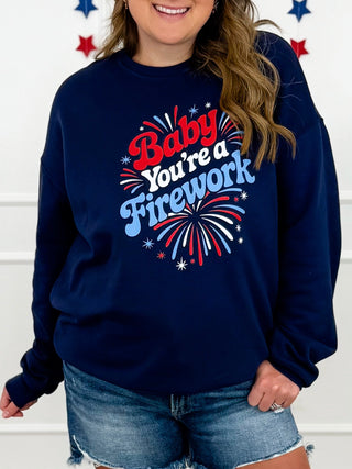 You're a Firework Cotton Blend Long Sleeve Navy Avery Mae Graphic Crewneck Sweatshirt (Bella+Canvas)