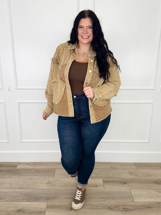 Tan cotton denim long-sleeve jacket with button front and chest flap pockets