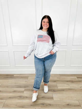 Grey lightweight crewneck sweatshirt with long sleeves and star-spangled striped front graphic
